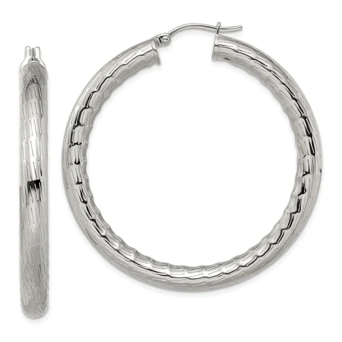 Earrings TreasureFineJewelers Stainless Steel Polished and Textured Hollow Hoop Earrings Earrings TreasureFineJewelers Stainless Steel Polished and Textured Hollow Hoop Earrings