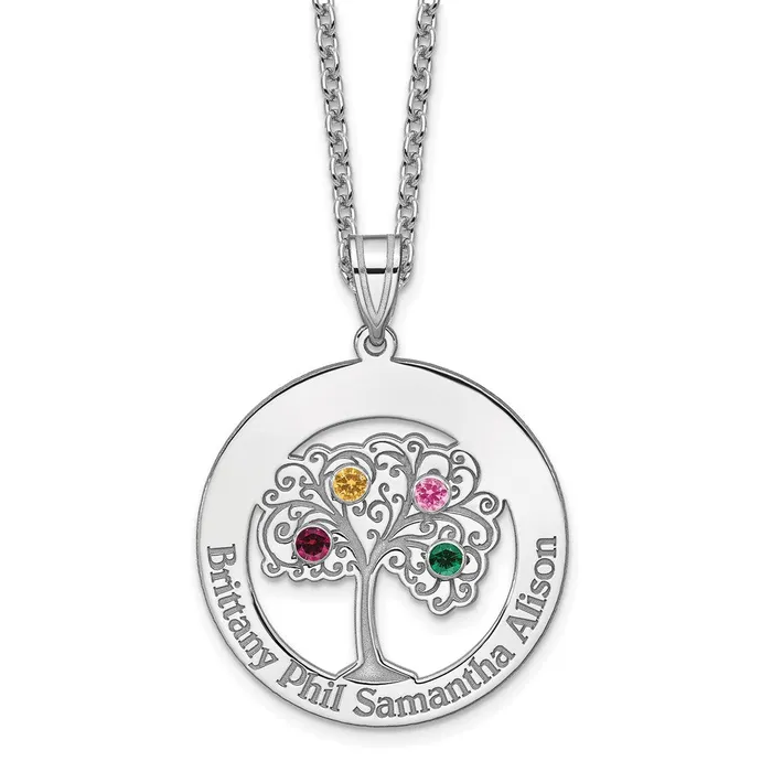 TreasureFineJewelers Necklaces Sterling SilverRhodiumplated 4 Birthstone with SS Bezel Family Pendant