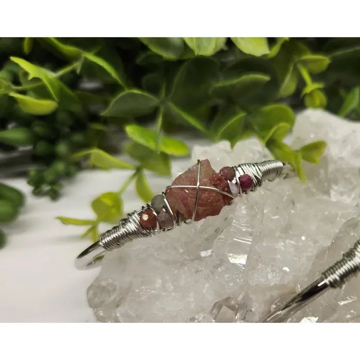Bliss Crystals Bracelets Pink Tourmaline Gemstone Wire Wrapped Bangle Cuff Bracelet LV4379