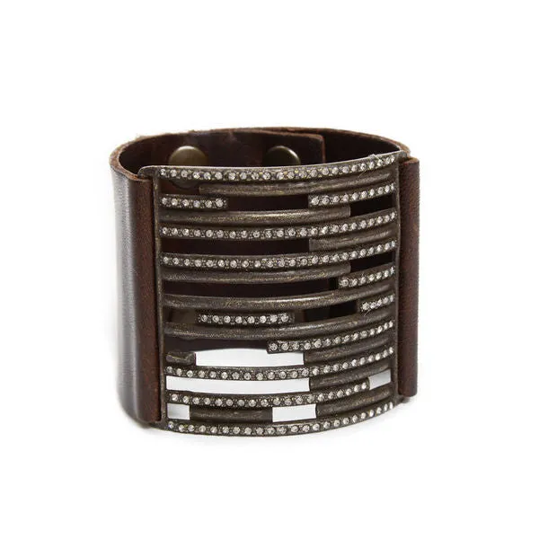 Rebel Designs Inc Bracelets Wide Metal Crystal Lined Leather Bracelet