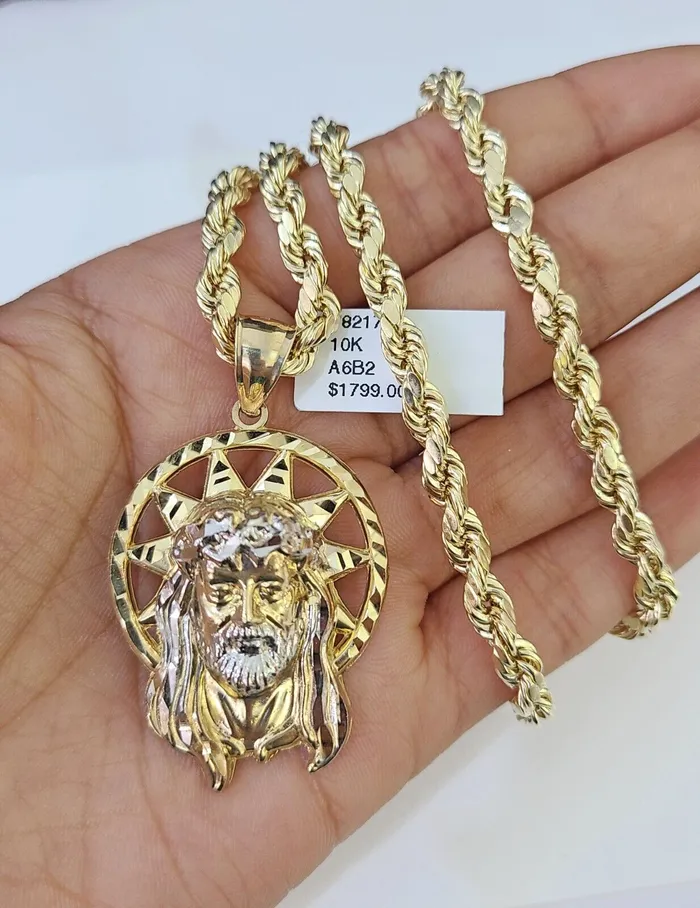 Gold and Diamond 10k Gold Rope Chain Jesus Head Charm SET 5mm 22 Inches Necklace Necklaces