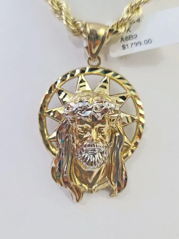 Gold and Diamond 10k Gold Rope Chain Jesus Head Charm SET 5mm 22 Inches Necklace Necklaces