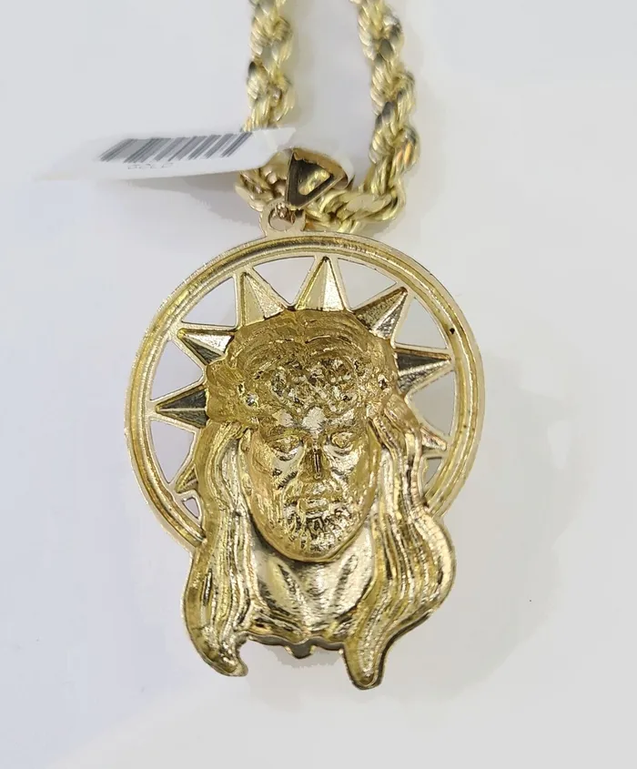 Gold and Diamond 10k Gold Rope Chain Jesus Head Charm SET 5mm 22 Inches Necklace Necklaces