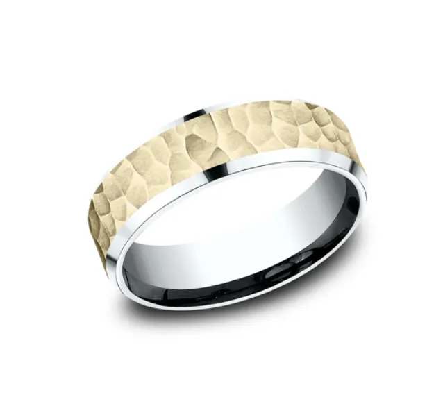 Benchmark Rings 14k White Yellow Gold Hammered Center Milgrain Edged Mens Wedding Band I9154 Benchmark Rings 14k White Yellow Gold Hammered Center Milgrain Edged Mens Wedding Band I9154