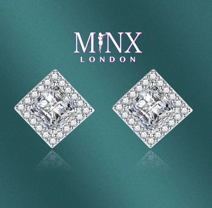 Earrings Minx London Womens Ear Studs Square Shape Earrings Diamond Ear Studs Halo Diamond Earrings Princess Cut Earrings Womens Stud Earrings