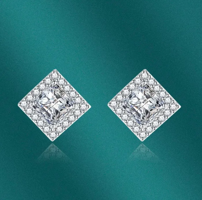 Earrings Minx London Womens Ear Studs Square Shape Earrings Diamond Ear Studs Halo Diamond Earrings Princess Cut Earrings Womens Stud Earrings