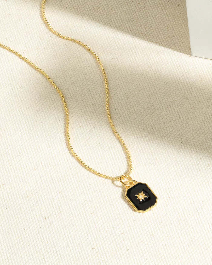 Necklaces Black Enamel White Topaz Solid 14K Gold Plated Over 925 Sterling Silver Necklace YoTreasure