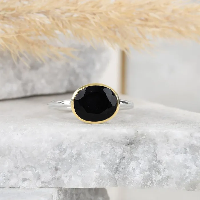 Rings YoTreasure Black Onyx Ring 14K Gold Plated Over 925 Silver Jewelry