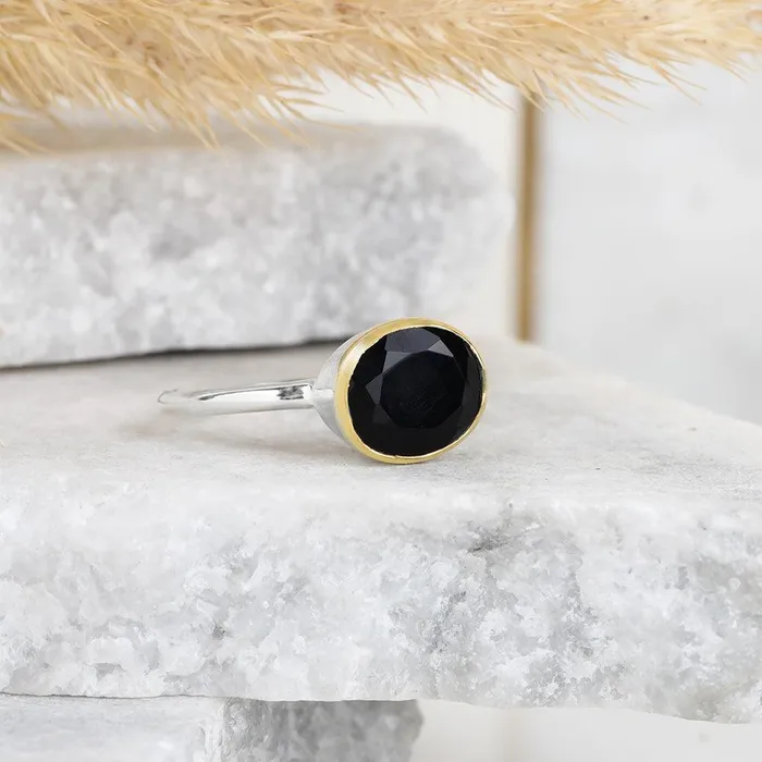 Rings YoTreasure Black Onyx Ring 14K Gold Plated Over 925 Silver Jewelry