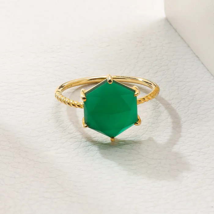 Rings YoTreasure Green Onyx Ring Gold Plated Over 925 Sterling Silver jewelry