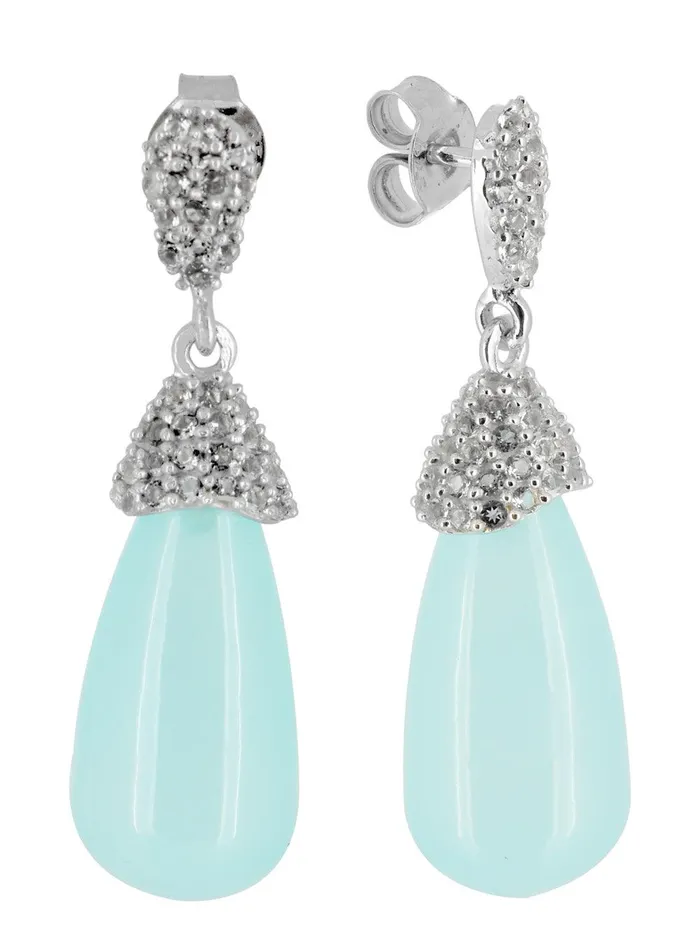 YoTreasure Earrings Aqua Chalcedony White Topaz 925 Solid Sterling Silver Gemstone Earrings