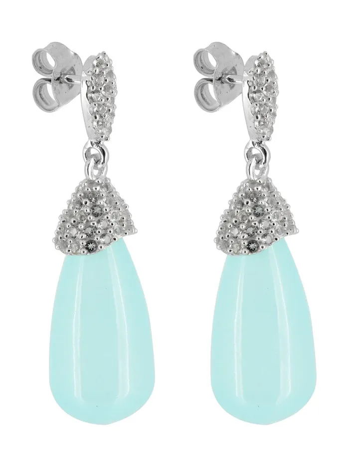 YoTreasure Earrings Aqua Chalcedony White Topaz 925 Solid Sterling Silver Gemstone Earrings