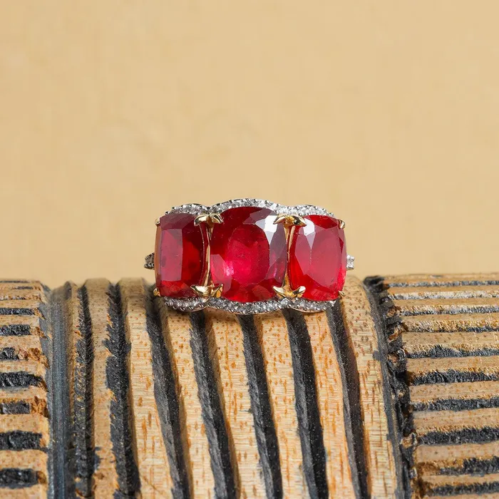 YoTreasure Rings 1352 Ct Glass Filled Ruby White Sapphire 14K Yellow Gold Wedding Band Ring