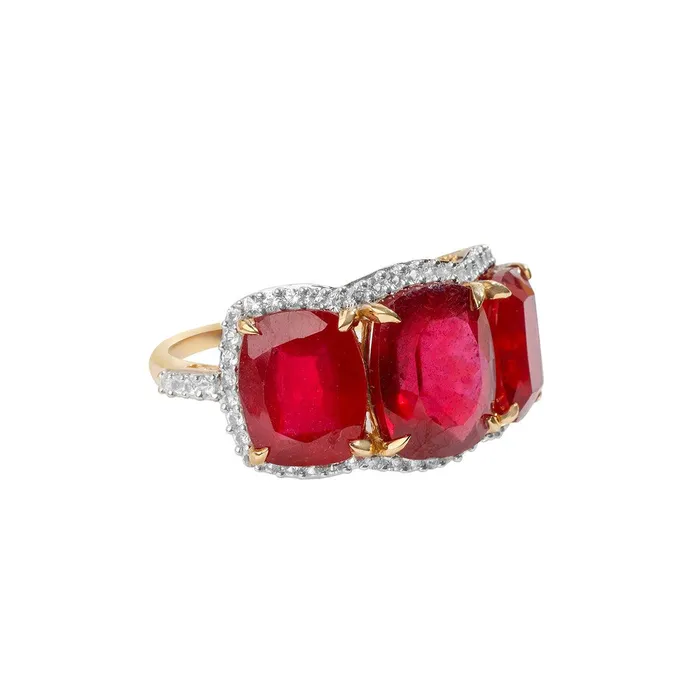YoTreasure Rings 1352 Ct Glass Filled Ruby White Sapphire 14K Yellow Gold Wedding Band Ring