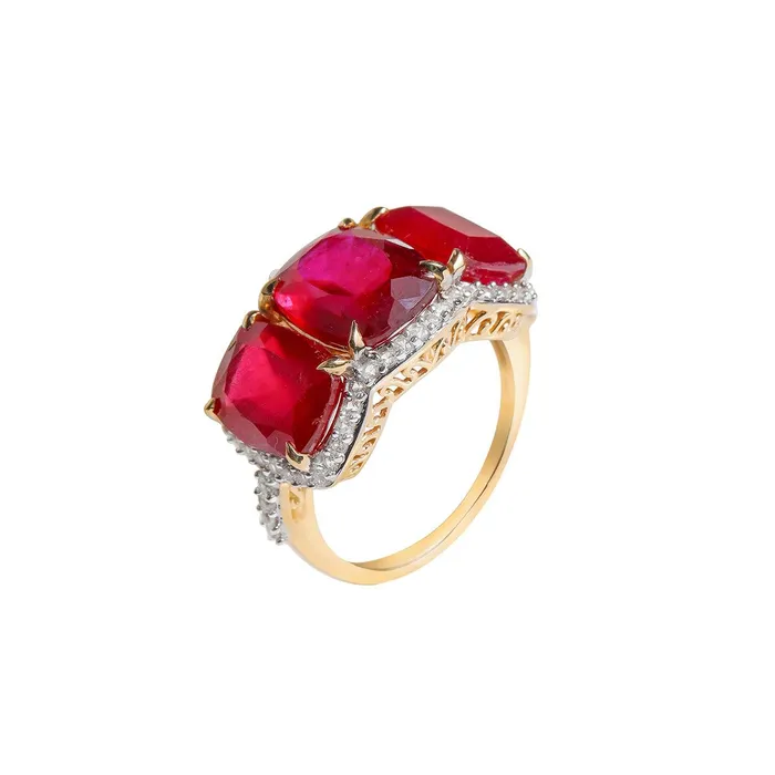 YoTreasure Rings 1352 Ct Glass Filled Ruby White Sapphire 14K Yellow Gold Wedding Band Ring