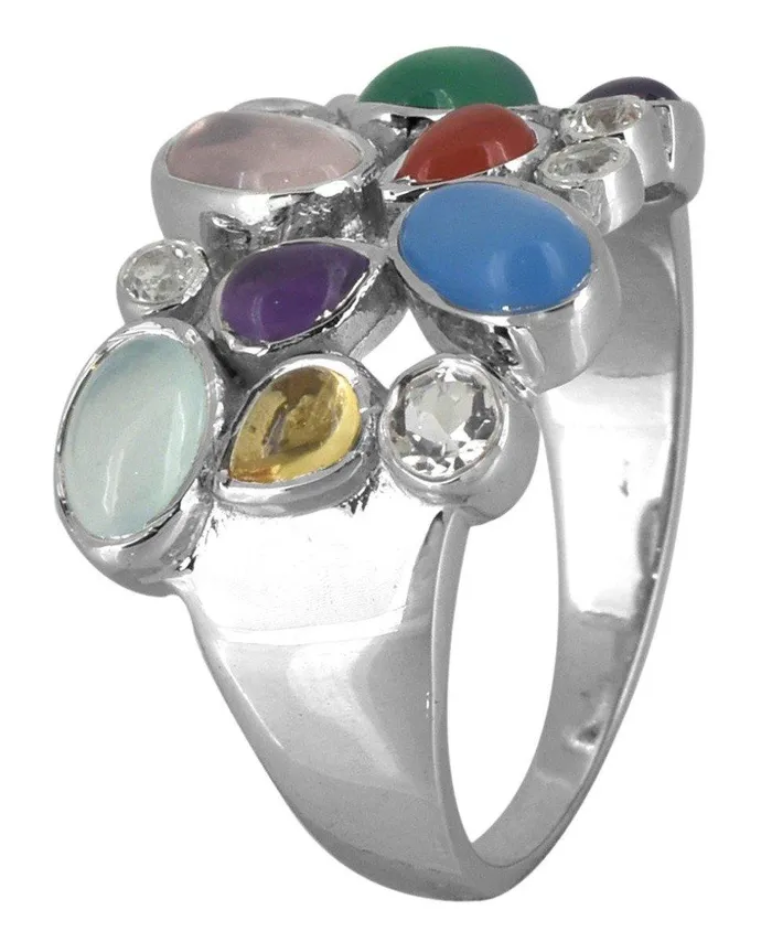 YoTreasure Rings Blue Chalcedony Multi Gemstone Solid 925 Sterling Silver Designer Ring Jewelry