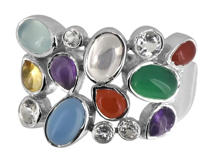 YoTreasure Rings Blue Chalcedony Multi Gemstone Solid 925 Sterling Silver Designer Ring Jewelry