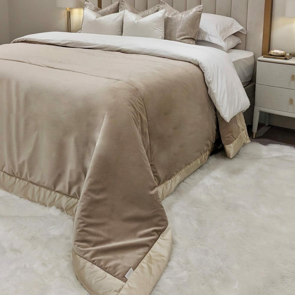 Beadspreads & Throws |   London Champagne Velvet Bedspread With Satin Border Beadspreads & Throws Beadspreads & Throws