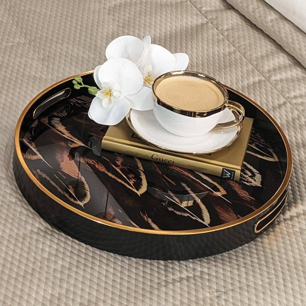 Gold Accessories |   Doppio Black, Gold & Rust Feather Effect Round Decorative Tray Accessories Gold Accessories