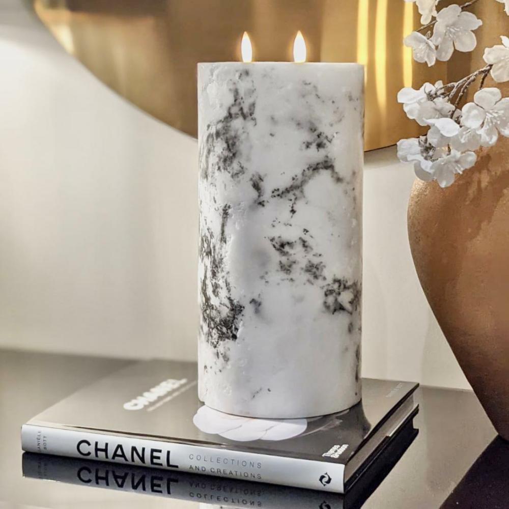 Home Fragrance |   White 3 Wick Tall Marble Effect Led Candle Accessories Home Fragrance