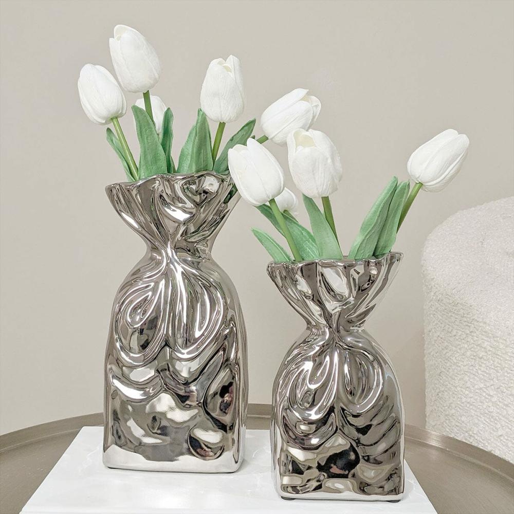 Silver Accessories |   Tesora Silver Crinkled Ceramic Bag Vases – Set Of 2 Accessories Silver Accessories