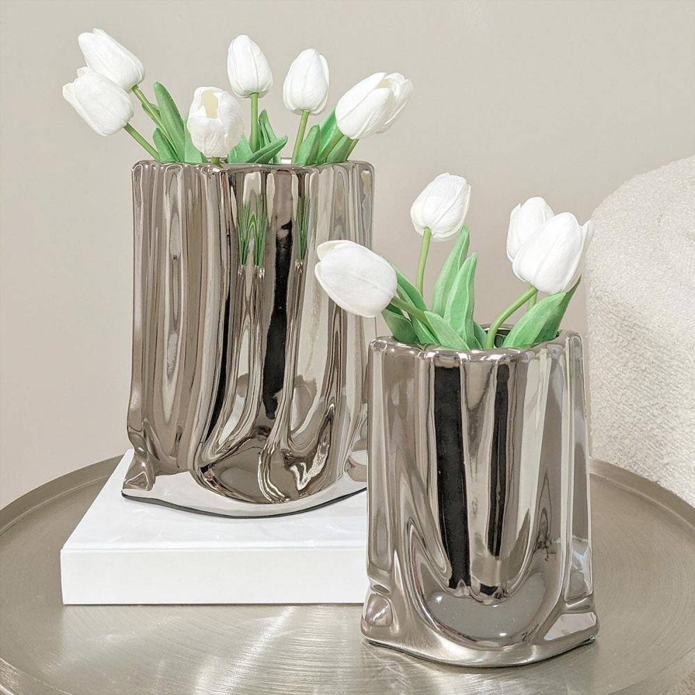 Silver Accessories |   Vega Paper Bag Style Silver Ceramic Vases – Set Of 2 Accessories Silver Accessories