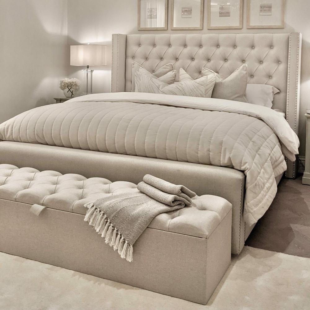 Upholstered Beds |   Harper Classic Luxury Grey Tweed Buttoned Silver Stud Wing Chunky Bed Beds Upholstered Beds