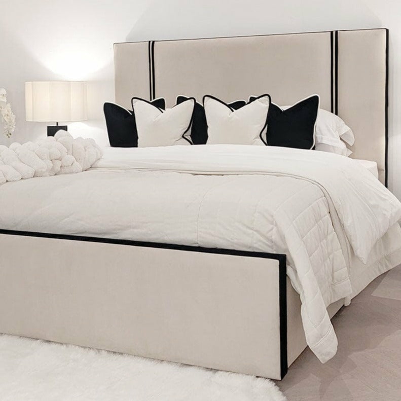 Velvet Beds |   Alessi Vanilla Velvet Luxury Bed With Contrast Black Piping Beds Upholstered Beds